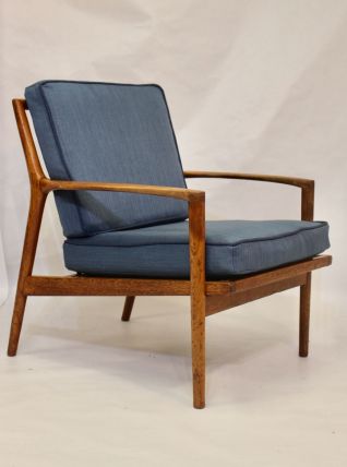 Fauteuil scandinave 1960 structure teck tissu chevron.