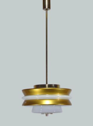 SUSPENSION VINTAGE PUTZLER EN OPALINE BLANCHE ET DORÉE