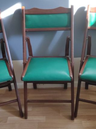chaises pliantes en bois et skaÏ vert vintage en bon état