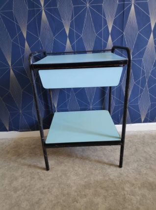 chevet formica bleu clair et structure métal noir années 50