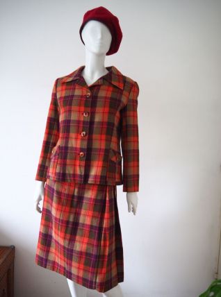 Ensemble tailleur veste et jupe plissée  tartan  laine 60s