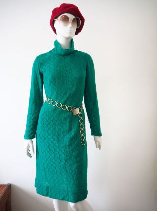 Robe pull en maille ajourée verte vintage 60's 70's