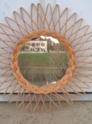 Miroir soleil en rotin tressé 1960