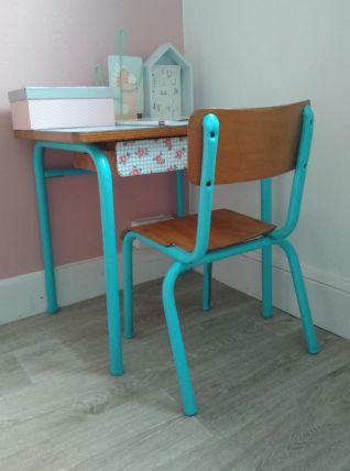 Pupitre formica bleu bureau écolier vintage années 60