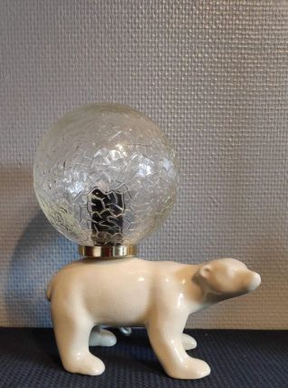 lampe ours céramique blanche et globe verre texturé
