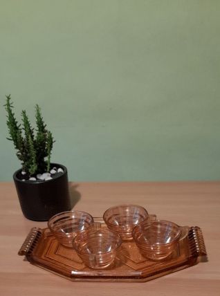 Plateau et tasses gondolo verre rose depressif, 