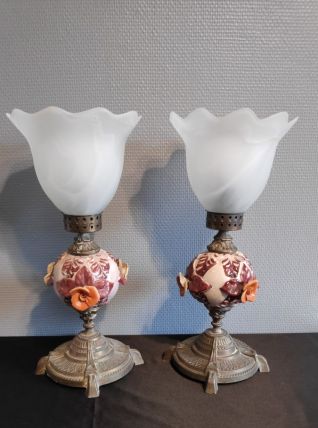 lampes laiton et céramique avec tulipes verre dépoli blanc