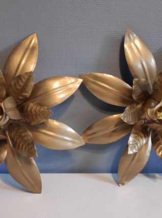 appliques murales feuilles en métal doré