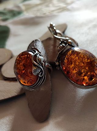 Superbes pendentif &amp; bague Ambre &amp; argent 925 décor feuilles