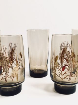 Lot de 6 jolis verres vintage en verre fumé