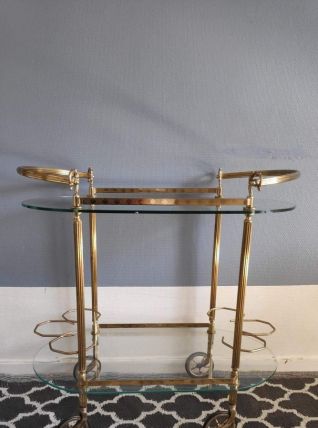 desserte bar 2 plateaux verre et structure en laiton