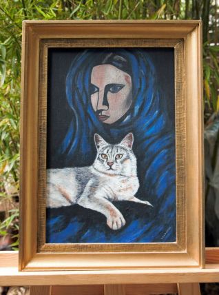 Peinture originale, pièce unique femme voilée et chat.