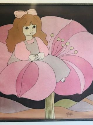 Rare panneau soie peinte Girofla années 70