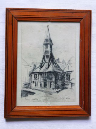 Dessin mine de plomb Eugène Véder "Eglise d'Honfleur". 