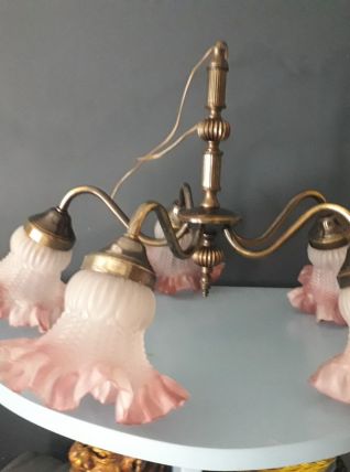 lustre en laiton et verre dépoli rose et blanc