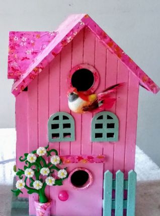 Lampe nichoir rose, lampe de chevet oiseau rose