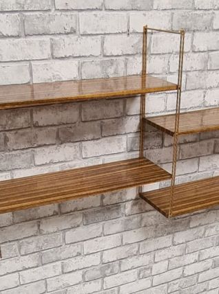 etagere string acier faux bois, montants torsadé or 1960