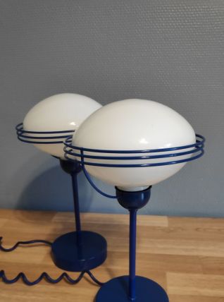 lampes "space age" métal bleu et opaline