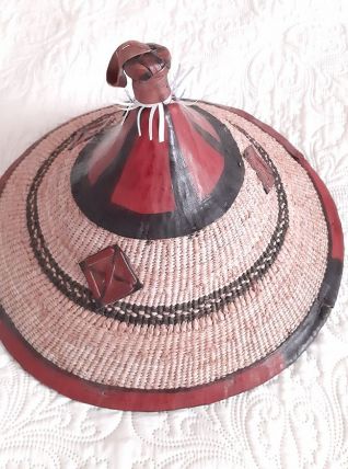 DECOR MURALE -chapeau Africain raphia et cuir,années 80