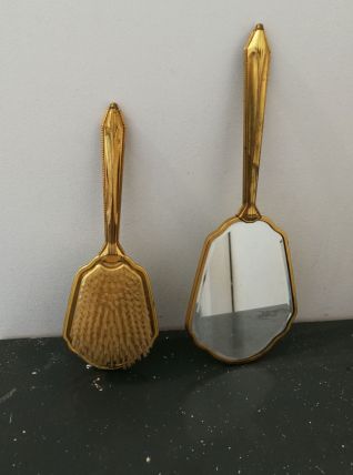Brosse et miroir en métal doré vintage à fleurs