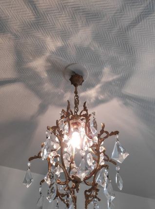 lustre cage bronze et pampilles en cristal