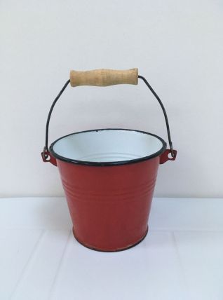 Pot seau vintage en métal émaillé rouge
