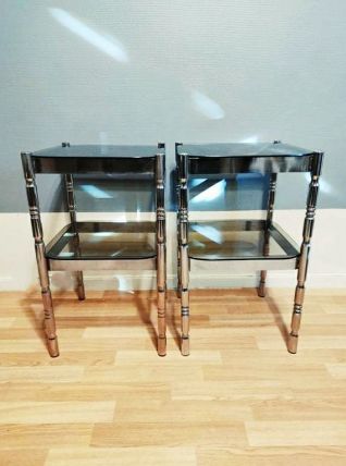 chevets métal chromé et verre fumé