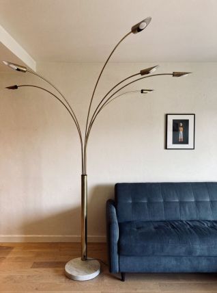 Lampadaire arc 6 bras laiton et marbre vintage années 70