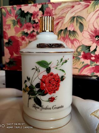 Superbe flacon vintage en opaline décor de rose de J.REDOUTÉ