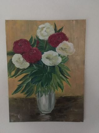 Peinture naïve fleurs dans un vase.
