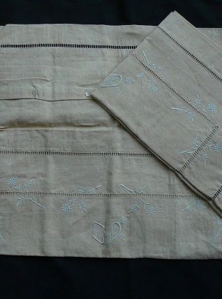 2taies oreiller 1930 brodées et monogramme lin coton ivoire