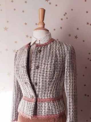 60s veste courte laine tweed brun écru M