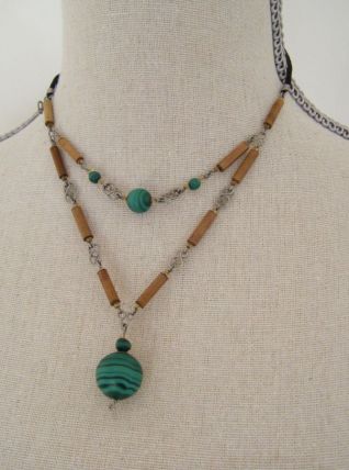 Collier artisanat Pérou malachite et bambou Vintage