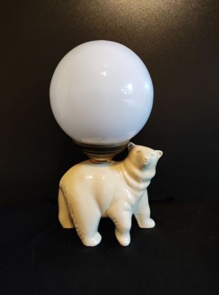 lampe ours en céramique blanche et globe en opaline