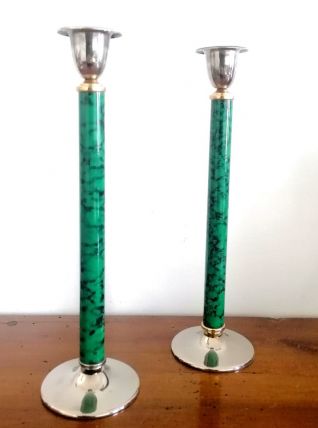 Paire de bougeoirs style malachite art déco 