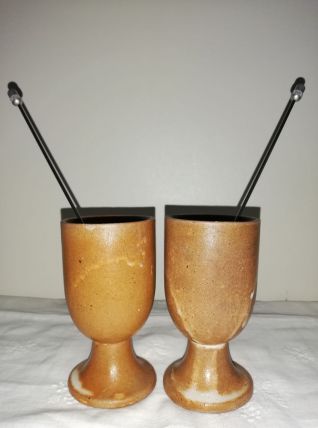  Duo de tasses mazagrans en grès et leurs cuillers