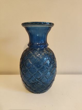 vase ananas en verre bleu