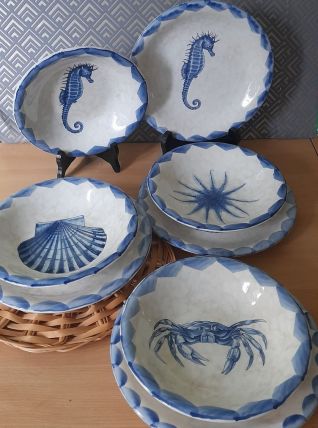 4 assiettes plates et creuses, déco vie marine bord de mer,