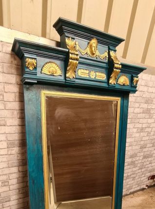 tres grand miroir bisoté ; bois peint  bleu canard 1930 styl