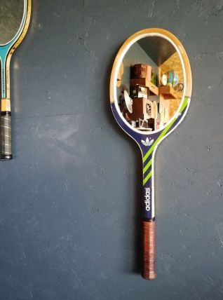 Miroir mural ovale bois raquette tennis "Adi-das bleu vert"