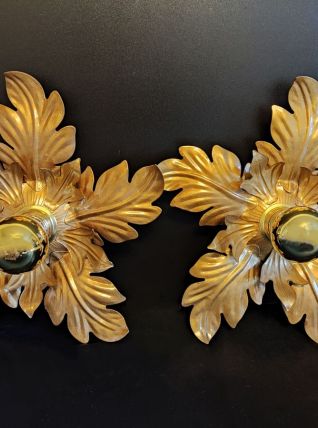 appliques murales feuilles 2 corolles dorées