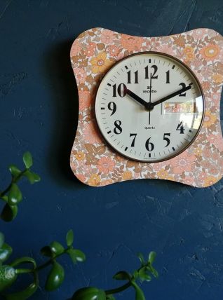 Horloge formica vintage pendule silencieuse Vedette fleurs 