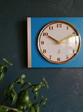 Horloge formica vintage pendule murale "Jaz bleu doré"