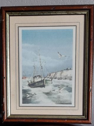 Aquarelle encadrée, chalutiers en mer par le peintre Roland 