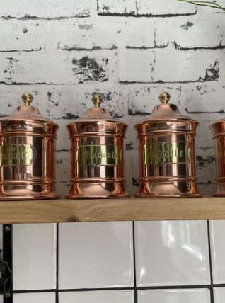 Ensemble de 5 pots à épices cuivre et 1 chaudron en cuivre