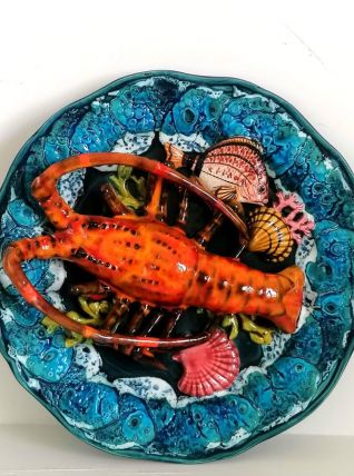 Assiette  trompe l’œil homard en faïence style Palissy 