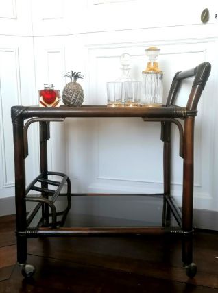 Desserte roulante en rotin 1970 