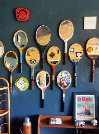 Miroir mural ovale bois raquette tennis vintage "Elite Elan"