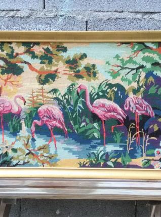 Tapisserie/Canevas encadré  :"flamants roses" (années 70)