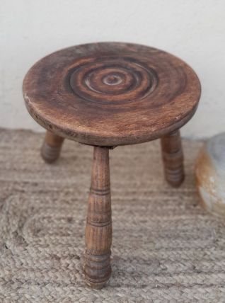 Tabouret de traite tripode, bois massif, pieds tournés